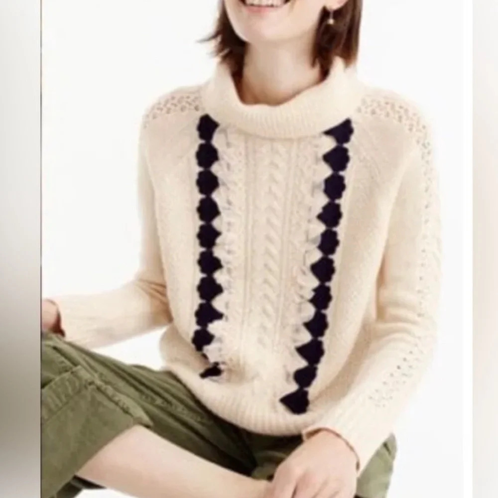 J.CREW Wool Cream Black Embellished Cable Knit Ruffle Turtleneck Sweater size S